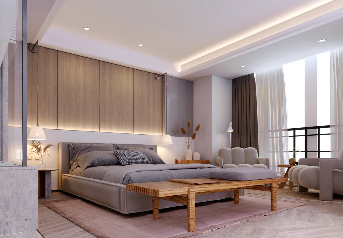 Bedroom with lighting integrated into the ceiling and headboard
