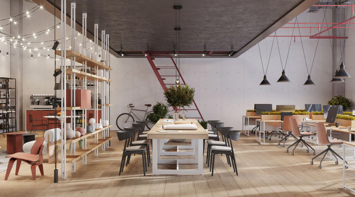 Interior with an industrial ceiling and pendant lamps above tables