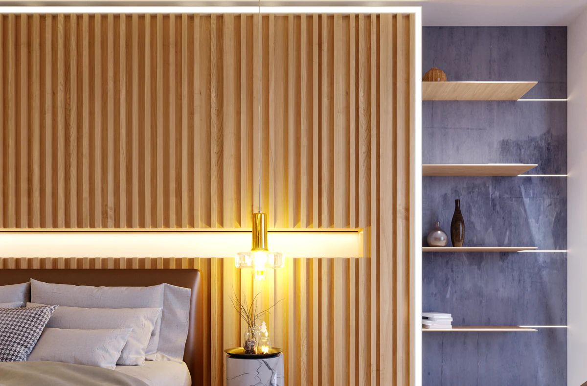 Detail of a slatted headboard with horizontal light and a pendant lamp