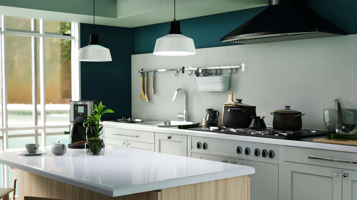 Kitchen with lamps above the island and under-cabinet lighting