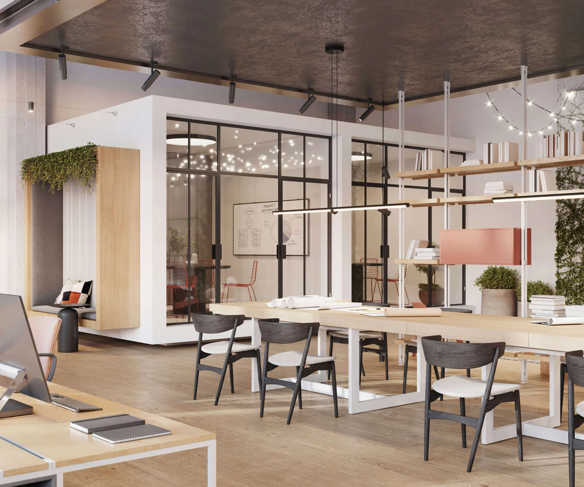 Workspace with shared desks and suspended linear luminaires